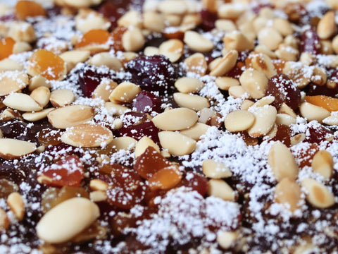 Authentic Panforte slice with nuts and dried fruit.