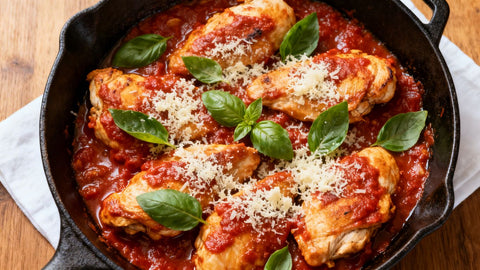 Skillet chicken marinara with basil and Parmesan cheese.