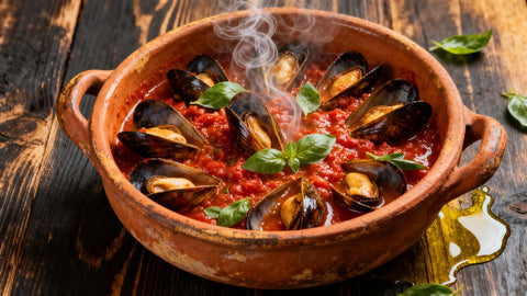 Mussels in marinara sauce with basil and olive oil.