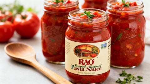 Jars of Rao's Homemade pasta sauce with a wooden spoon.