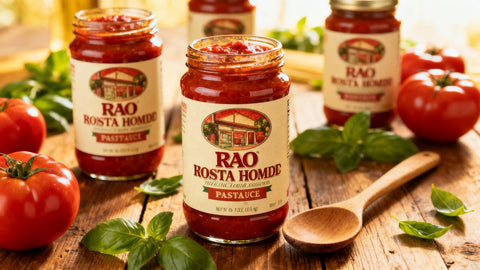 Jars of Rao's Homemade pasta sauce with fresh ingredients.