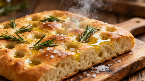 Golden focaccia bread with rosemary and sea salt.
