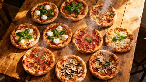 Ten classic Italian pizzas arranged on a wooden table.