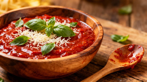 Bowl of delicious marinara sauce with basil and cheese.