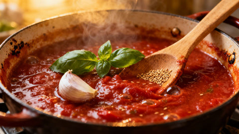 Pot of tomato sauce with basil and garlic
