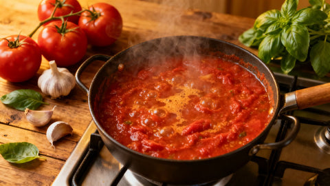 Bubbling marinara sauce with fresh ingredients on a wooden stovetop.