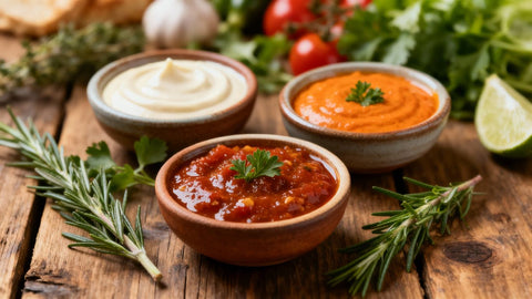 Bowls of colorful low FODMAP sauces with fresh herbs
