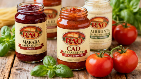Jars of Rao's pasta sauce with fresh ingredients.