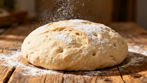Quick rise pizza dough ball on a wooden surface.