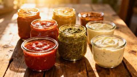 Assorted pasta sauce jars on a wooden surface.
