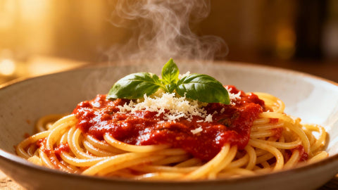 Bowl of Rao's pasta with red sauce and basil.