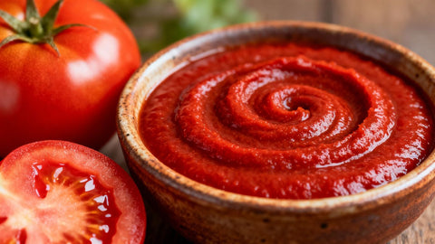 Rich tomato paste concentrate in a bowl with a tomato.