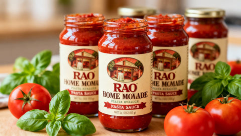 Rao's pasta sauce jars with basil and tomatoes.