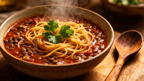 Hearty lentil spaghetti sauce in a bowl with pasta.